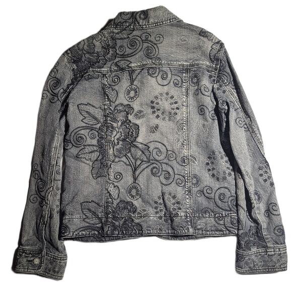 Vtg Y2K Chico's Gray Acid Wash Floral Embroidered Button Up Denim Jacket 0 S - Picture 2 of 3